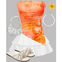 Shein Teen Girl Floral Halter Ruched Uneven Set - Orange White