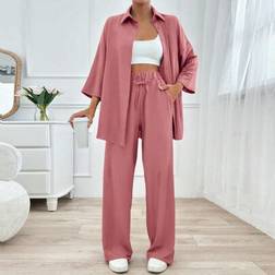 Shein Solid Color Pants And Long Sleeve Blouse Set