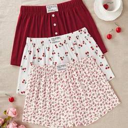Shein Plus Size Sleepwear Sleep Shorts Set Featuring Elastic Waist Cherry Floral Print