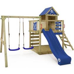 Wickey Wooden climbing frame Smart Cave with swing set and blue slide, Playhouse on stilts for kids with sandpit, climbing ladder & playaccessories
