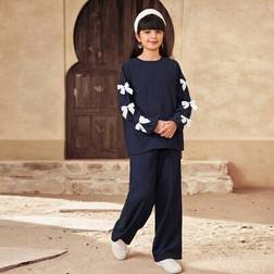 Shein Tween Girls Loose Casual Crew Neck Color Block Bow Decor Top Set
