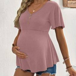 Shein Maternity Solid Color V-Neck Button Design T-Shirt