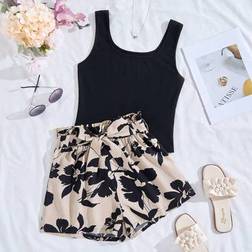 Shein Teen Girls Black Tank Top Khaki Leaf Pattern Shorts - Black