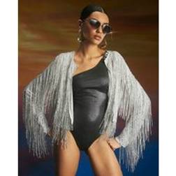 River Island Premium Long Sleeve Fringed Cape - Silver