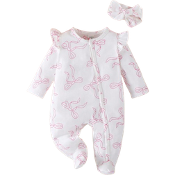 Shein Long Sleeve Footie Jumpsuit With Headband - White/Pink