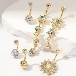Shein 6pcs Luxury Floral Round Rhinestone Navel Rings - Halloween