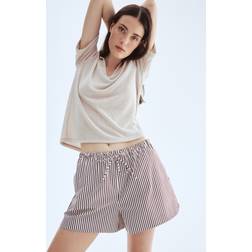H&M Dame Bomuld Shorts - Hvid/Mørkebrunstribet
