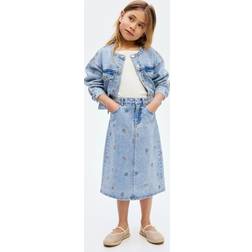 H&M Pige Blomstret Nederdel Denim Broderier - Lys Denim