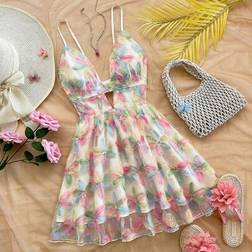 Shein Holiday V-Neck Sleeveless Hollow Out A-Line Backless Colorful 3D Embroidered Floral Dress - Backless Colorful