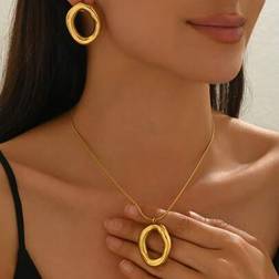 Shein 3pcs Elegant Vacation Geometric Hollow Circle Stainless Steel Necklace Earrings Set - Shiny