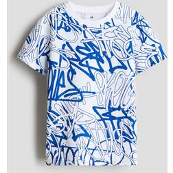 H&M Graffiti Bomull T-shirt Med Tryck - Blå