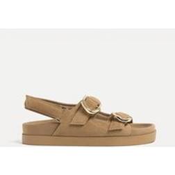 Stradivarius Leather Flat Sandals With Buckles - Beige