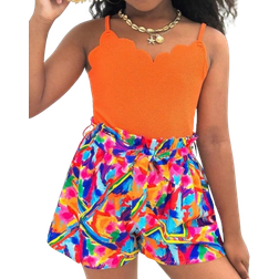 Shein Tween Girl Vacation Casual SpringSummer Knitted Spliced Woven Ditsy Floral Jumpsuit With Straps
