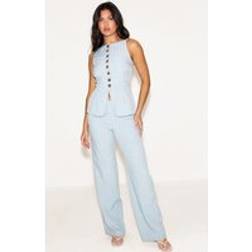 PrettyLittleThing Pinstripe Linen Button Down Peplum Hem Jumpsuit - Blue