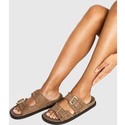 boohoo Whipstitch Detail Double Strap Footbed Slider - Beige