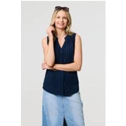 Izabel London Lace Trim Sleeveless V-Neck Blouse - Blue