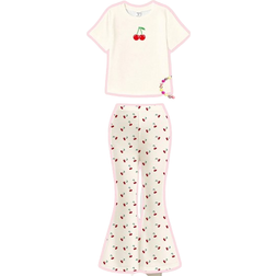 Shein Cherry Print Casual Cute Cartoon Design Round Neck Short Sleeve Top And Flare Pants Set - Young Girls