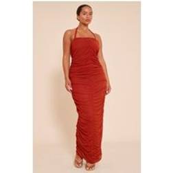 PrettyLittleThing Shape Rust Mesh Ruched Halterneck Maxi Dress - Orange