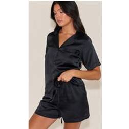 PrettyLittleThing Satin Short Sleeve Short Pj Set - Black