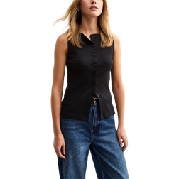 New Look Rib Button Through Tank Top - Black