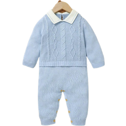 Shein Baby Boy Gentleman Style Casual Romper, Classic Cable Knit Turtleneck Long Sleeve Jumpsuit With Shirt Collar Design, Fashionable And Comfortable, Essential Baby Autumn/Winter Outfit