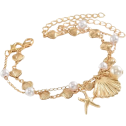 Shein 2pcs/Set Beach Vacation Style Metal Alloy Shell, Starfish & Faux Pearl Pendant Bracelet Set, Handmade Versatile Jewelry Suitable For Women's Daily, Beach, Date, Party & Music Festival Wear. The Handmade Chain Length Can Be Customized