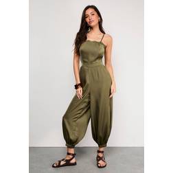Warehouse Petite Satin Lace Trim Elasticated Cuff Strappy Jumpsuit - Olive