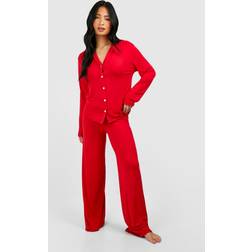 boohoo Petite Long Sleeve Shirt Trousers Pyjama Set - Red