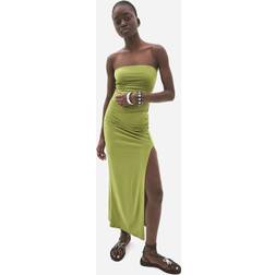 Bershka Gathered Bandeau Neckline Midi Dress - Green