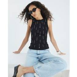 River Island Sleeveless Diamante Ribbed Tank Top - Black