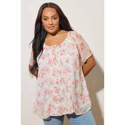 Yours Curve Floral Tie Front Pintuck Blouse - White