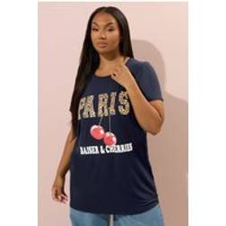 Yours Curve Paris Graphic Cherry T-Shirt - Dark Navy