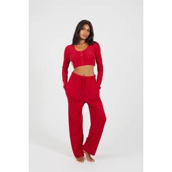 Brave Soul Cropped Long Sleeve Wide Leg Lounge Set - Red