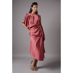 Coast Asymmetric Pleated Midi Holiday Dress With Gold Detail - Pink