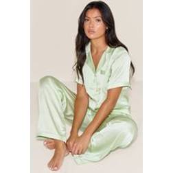PrettyLittleThing Satin Short Sleeve Long Pj Set - Pistachio