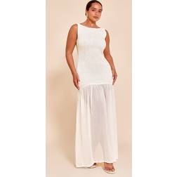PrettyLittleThing Shape Cream Shirred Scoop Back Contrast Dropped Hem Maxi Dress - White