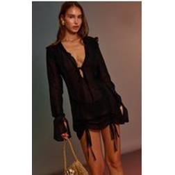 PrettyLittleThing Frill Tie Front Mini Beach Dress - Black