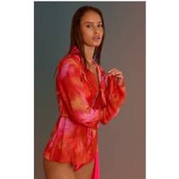 PrettyLittleThing Ombre Print Long Sleeve Tie Front Beach Shirt - Orange