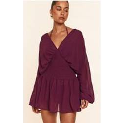 PrettyLittleThing Chiffon Shirred Waist Mini Beach Dress - Purple