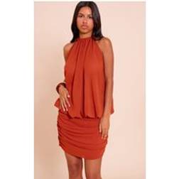 PrettyLittleThing Petite Burnt Orange Ruched Sheer Mini Dress