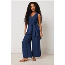M&Co Petite Navy Blue Tie Waist Linen Jumpsuit