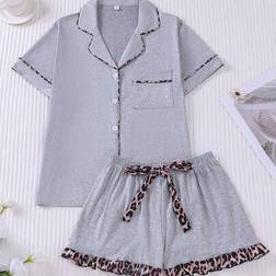 Shein Women Solid Color Leopard Print Contrast Color Pajama Set - Cardigan
