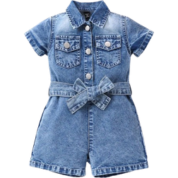 Shein Baby Girl Basic Casual Middle Blue Wash Water Belted Denim Romper
