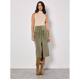 Apricot Pinstripe Cargo Midi Skirt - Khaki