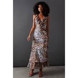 Warehouse Animal Satin Wrap Chiffon Frill Detail Midi Dress - Multi