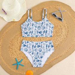Shein Tween Girl Ocean Animal Printed Pleated Bikini Swimwear Set