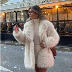 Shein Vintage Solid Faux Fur Coat Loose Casual Long Sleeve Lapel Jacket - Thick Warm