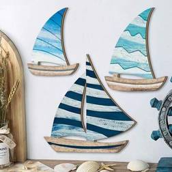 Shein 3 Pcs Wooden Blue Sailboat Art Sign Wall Decor
