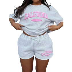 Shein 2 Pieces/Set Women's Plus Size Casual Round Neck T-Shirt and Shorts with Drawstring Pocket Co-Ord Set