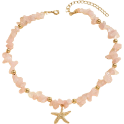 Shein 1pc Fashionable Beaded Metallic Starfish Pendant Necklace, Pink Gemstone Design, Suitable For Daily & Travel Wear
